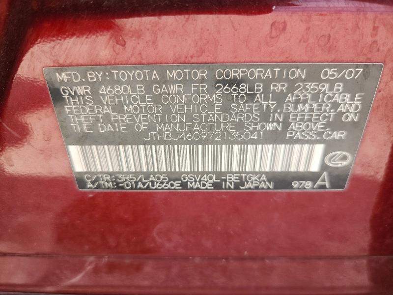 Aukcja sprzedaży 2007 Lexus Es, vin: JTHBJ46G972135041, numer aukcji: 70538936