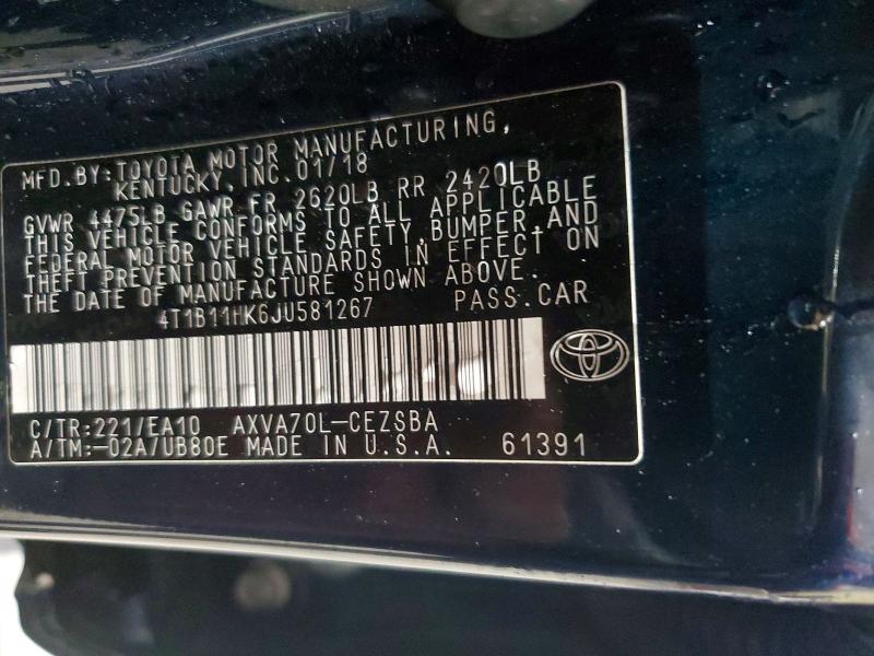 2018 Toyota Camry მანქანა იყიდება აუქციონზე, vin: 4T1B11HK6JU581267, აუქციონის ნომერი: 70252506