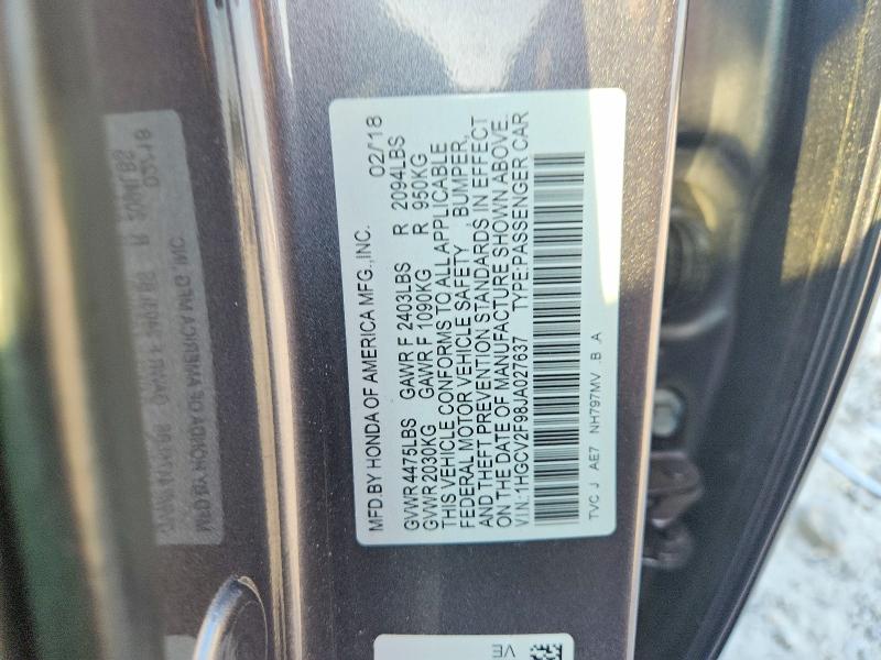 2018 Honda Accord მანქანა იყიდება აუქციონზე, vin: 1HGCV2F98JA027637, აუქციონის ნომერი: 67537076