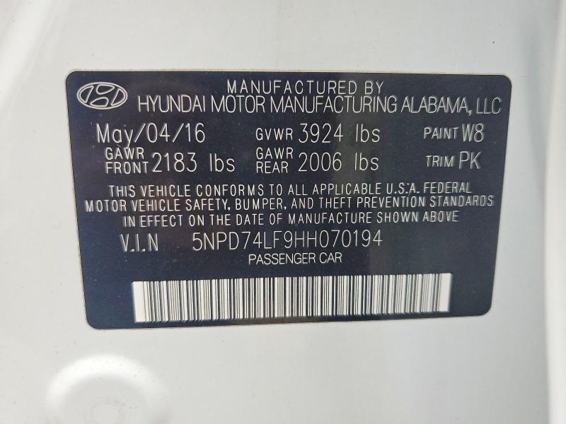 2017 Hyundai Elantra მანქანა იყიდება აუქციონზე, vin: 5NPD74LF9HH070194, აუქციონის ნომერი: 70937986