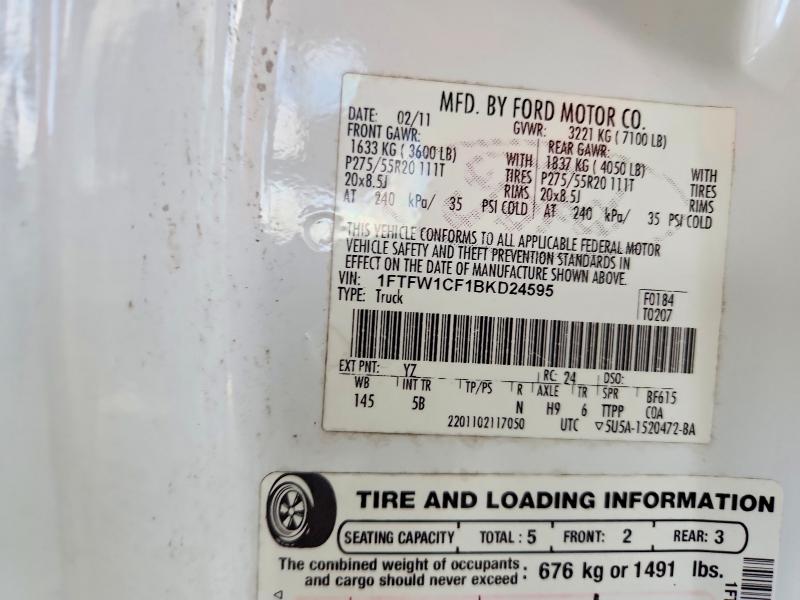 2011 Ford F150 მანქანა იყიდება აუქციონზე, vin: 1FTFW1CF1BKD24595, აუქციონის ნომერი: 68696536