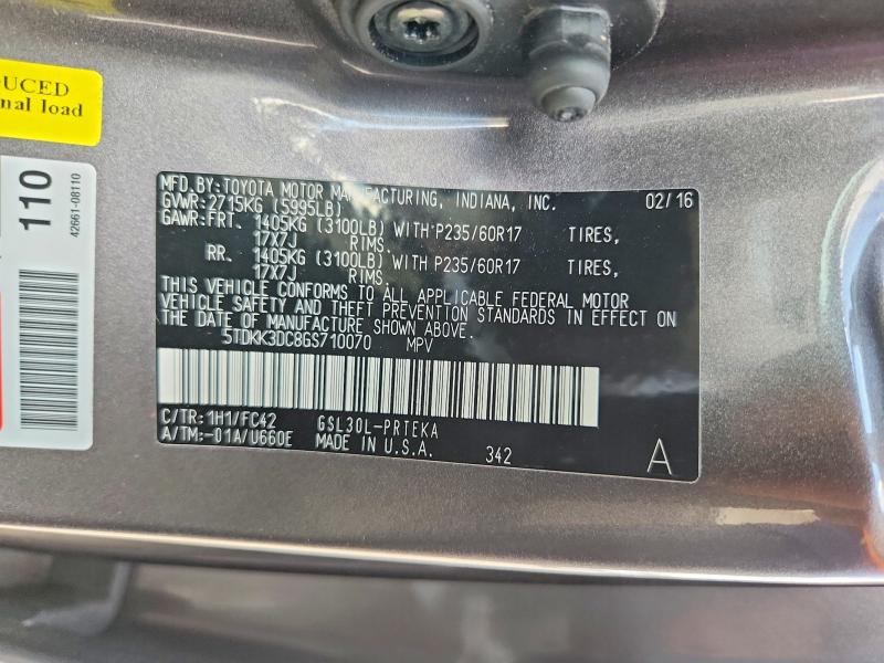 Aukcja sprzedaży 2016 Toyota Sienna, vin: 5TDKK3DC8GS710070, numer aukcji: 70017976