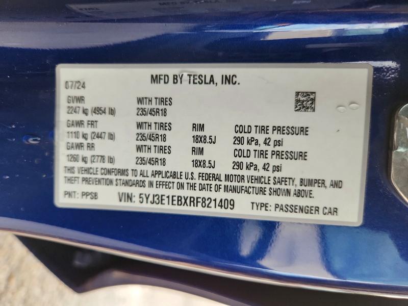 2024 Tesla Model 3 მანქანა იყიდება აუქციონზე, vin: 5YJ3E1EBXRF821409, აუქციონის ნომერი: 68217626