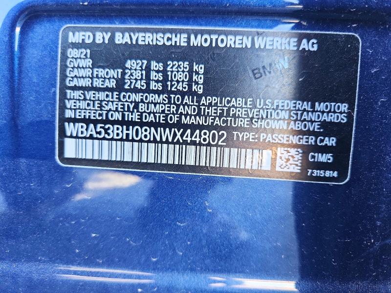2022 Bmw 530 მანქანა იყიდება აუქციონზე, vin: WBA53BH08NWX44802, აუქციონის ნომერი: 70832646