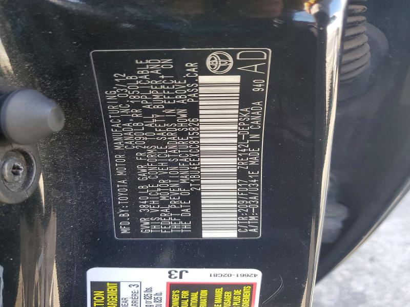 70744816 :رقم المزاد ، 2T1BU4EEXCC815826 vin ، 2012 Toyota Corolla مزاد بيع