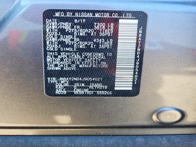 2018 Nissan Armada მანქანა იყიდება აუქციონზე, vin: JN8AY2ND4J9054021, აუქციონის ნომერი: 67305156