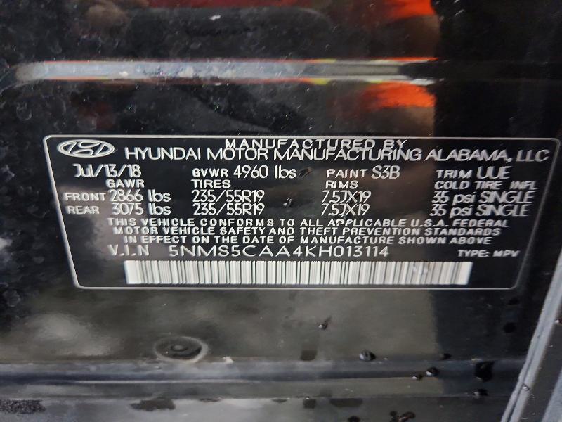 2019 Hyundai Santa Fe მანქანა იყიდება აუქციონზე, vin: 5NMS5CAA4KH013114, აუქციონის ნომერი: 70806956