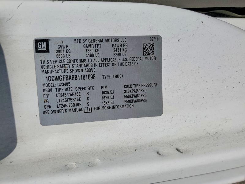 2011 Chevrolet Express G2500 მანქანა იყიდება აუქციონზე, vin: 1GCWGFBA8B1181098, აუქციონის ნომერი: 68579686