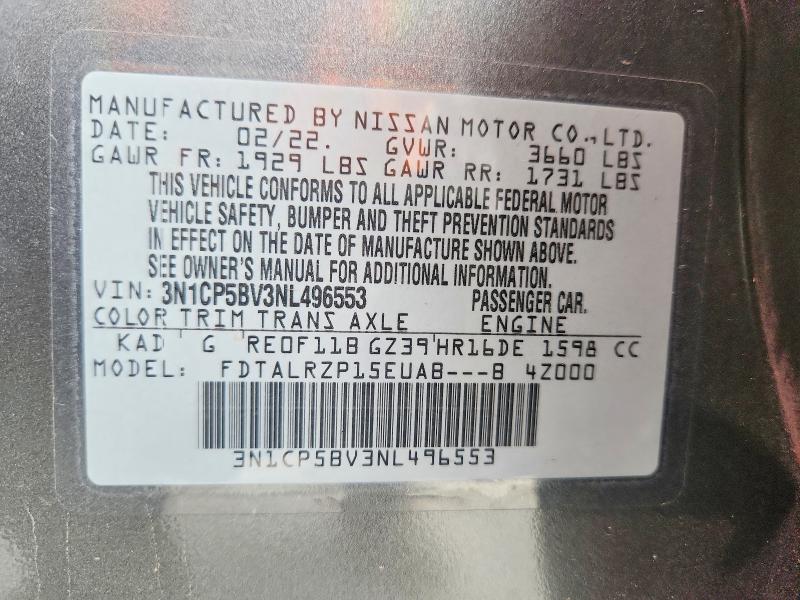 Auction sale of the 2022 Nissan Kicks, vin: 3N1CP5BV3NL496553, lot number: 68021546