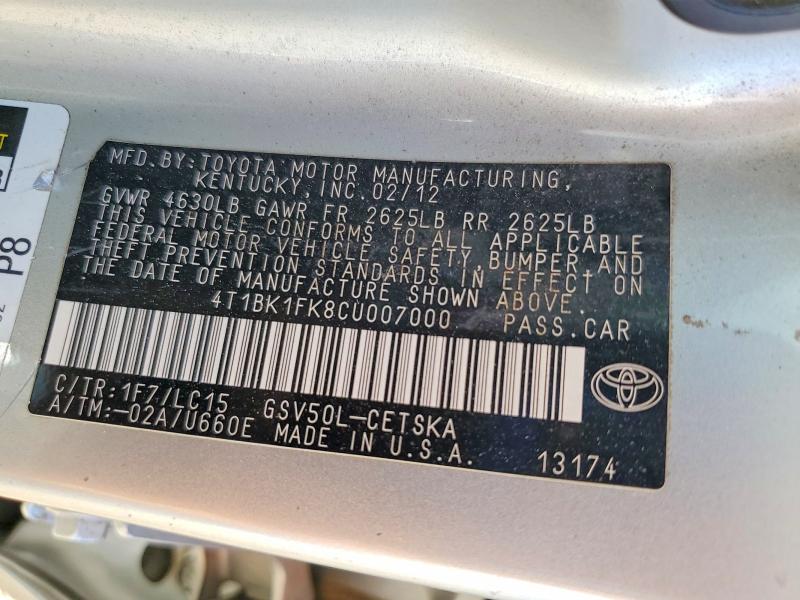 68253316 :رقم المزاد ، 4T1BK1FK8CU007000 vin ، 2012 Toyota Camry مزاد بيع