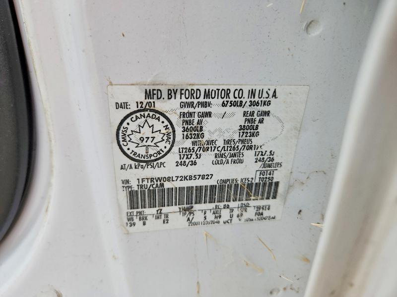 2002 Ford F150 მანქანა იყიდება აუქციონზე, vin: 1FTRW08L72KB57827, აუქციონის ნომერი: 69261906