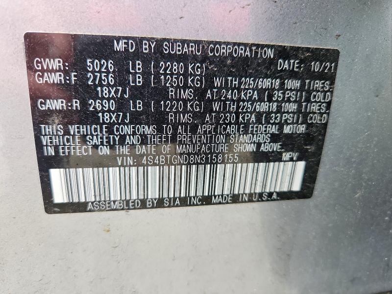 Продаж на аукціоні авто 2022 Subaru Outback, vin: 4S4BTGND8N3158155, номер лоту: 67354826