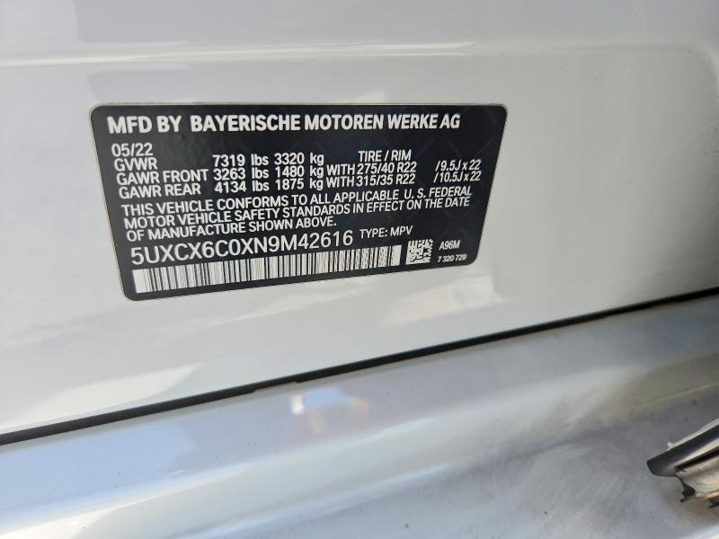 67640526 :رقم المزاد ، 5UXCX6C0XN9M42616 vin ، 2022 Bmw X7 مزاد بيع