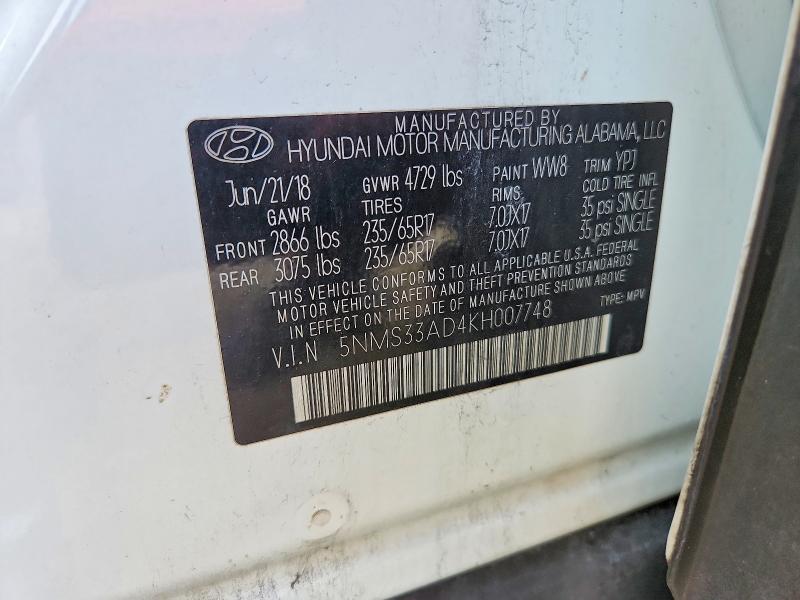 2019 Hyundai Santa Fe მანქანა იყიდება აუქციონზე, vin: 5NMS33AD4KH007748, აუქციონის ნომერი: 68103576