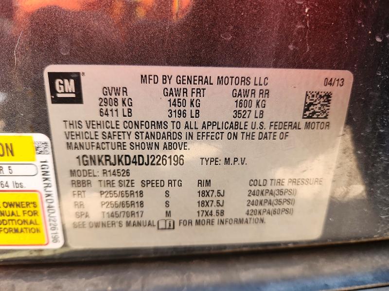70092776 :رقم المزاد ، 1GNKRJKD4DJ226196 vin ، 2013 Chevrolet Traverse مزاد بيع
