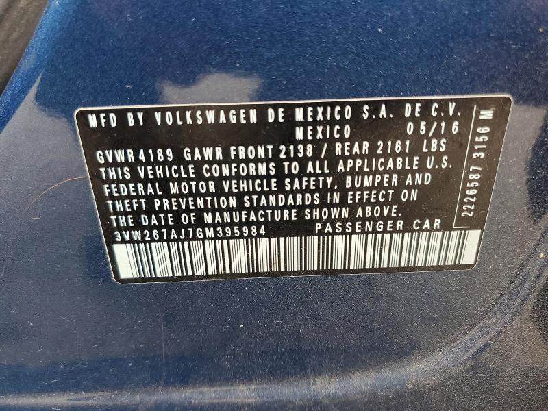 2016 Volkswagen Jetta მანქანა იყიდება აუქციონზე, vin: 3VW267AJ7GM395984, აუქციონის ნომერი: 67403946