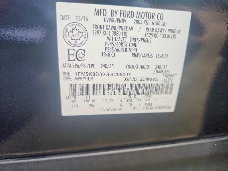 68680986 :رقم المزاد ، 1FM5K8D80GGC96097 vin ، 2016 Ford Explorer مزاد بيع