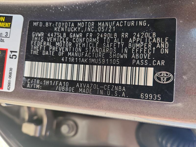 2021 Toyota Camry მანქანა იყიდება აუქციონზე, vin: 4T1R11AK1MU591105, აუქციონის ნომერი: 69217586