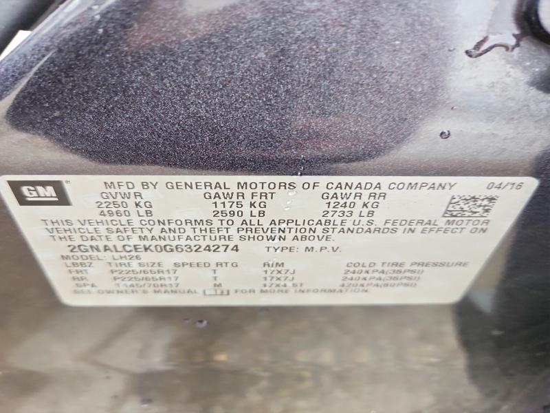Aukcja sprzedaży 2016 Chevrolet Equinox, vin: 2GNALCEK0G6324274, numer aukcji: 68595516