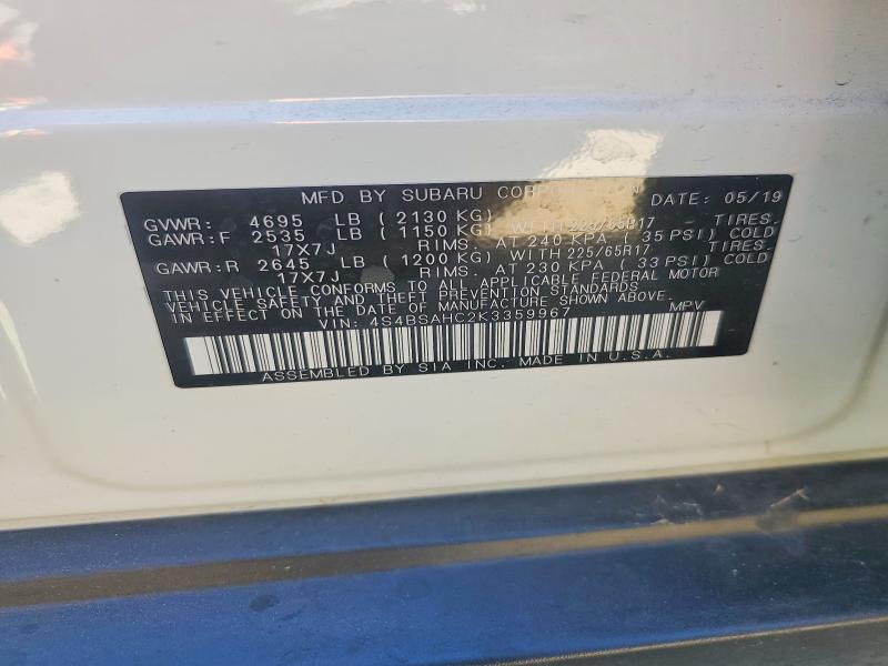Auction sale of the 2019 Subaru Outback, vin: 4S4BSAHC2K3359967, lot number: 68867896