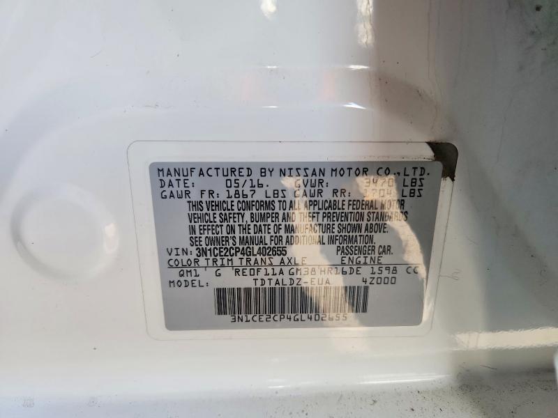 2016 Nissan Versa Note მანქანა იყიდება აუქციონზე, vin: 3N1CE2CP4GL402655, აუქციონის ნომერი: 67216266