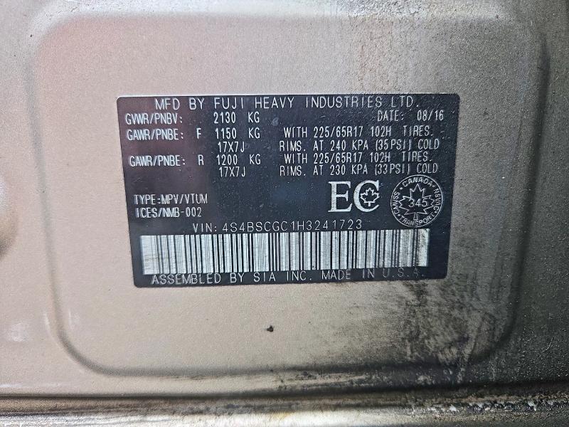 Aukcja sprzedaży 2017 Subaru Outback, vin: 4S4BSCGC1H3241723, numer aukcji: 65333336