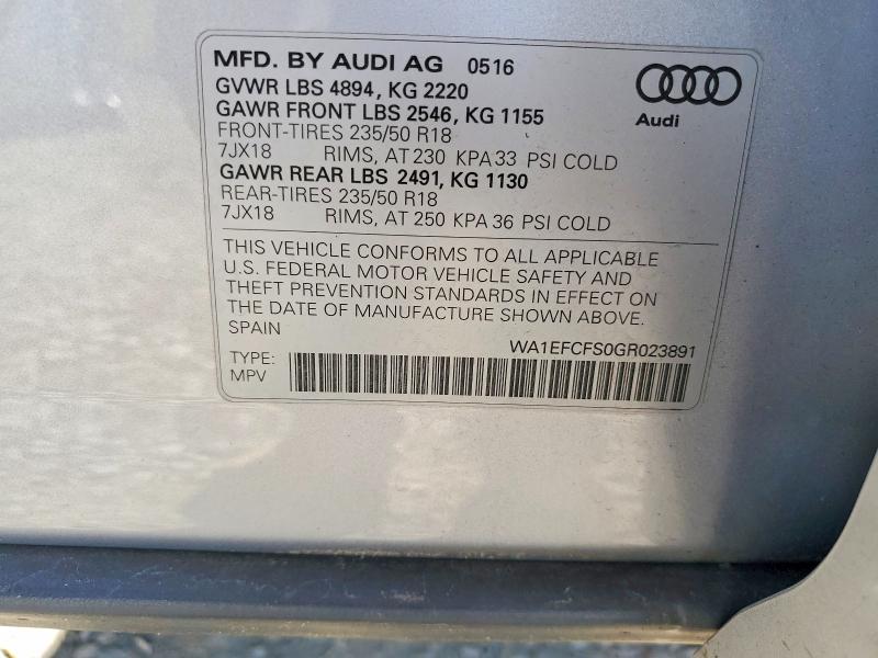 2016 Audi Q3 მანქანა იყიდება აუქციონზე, vin: WA1EFCFS0GR023891, აუქციონის ნომერი: 68562406