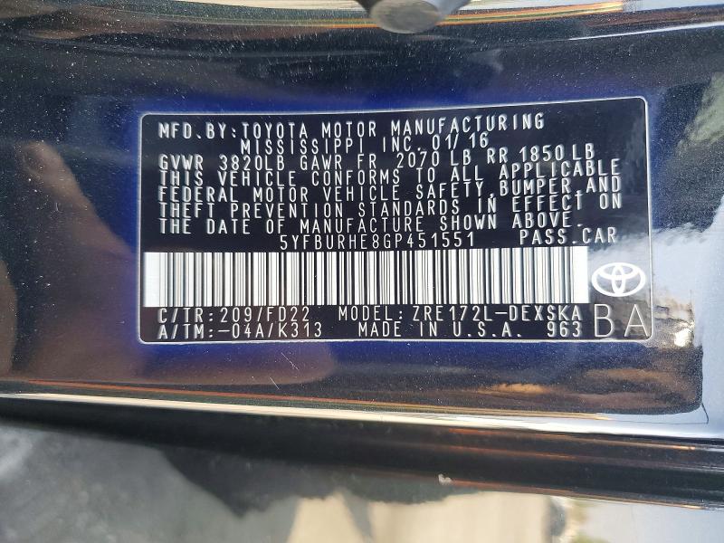 68782756 :رقم المزاد ، 5YFBURHE8GP451551 vin ، 2016 Toyota Corolla مزاد بيع