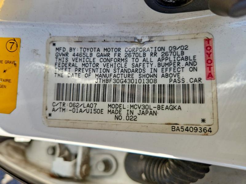 Aukcja sprzedaży 2003 Lexus Es, vin: JTHBF30G430101308, numer aukcji: 69322056