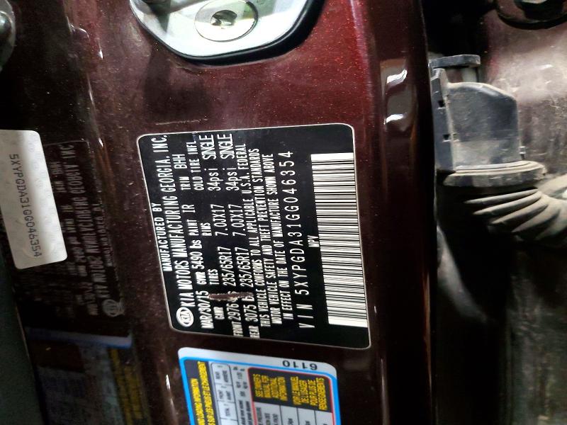 67891756 :رقم المزاد ، 5XYPGDA31GG046354 vin ، 2016 Kia Sorento مزاد بيع