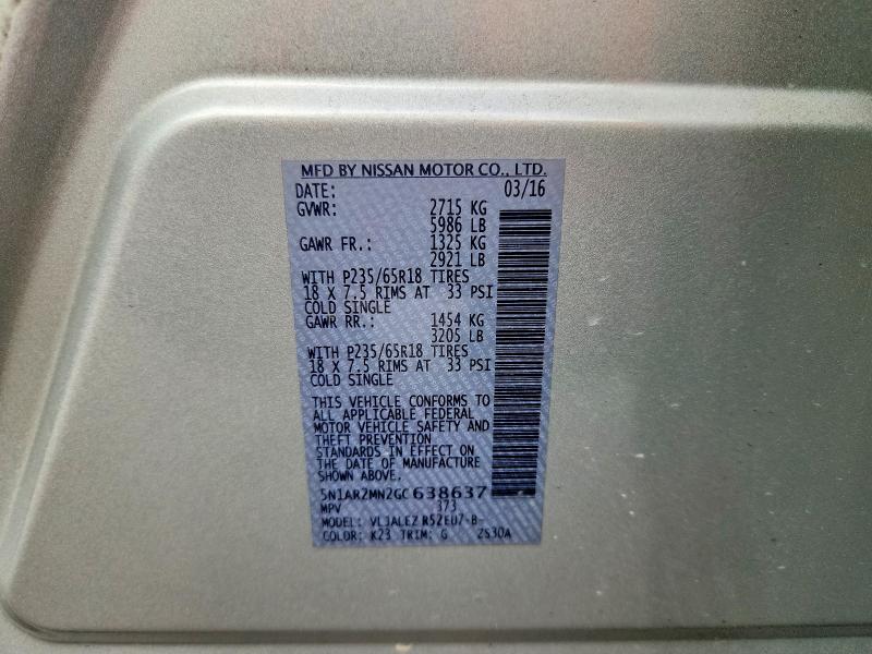 Aukcja sprzedaży 2016 Nissan Pathfinder, vin: 5N1AR2MN2GC638637, numer aukcji: 68922606