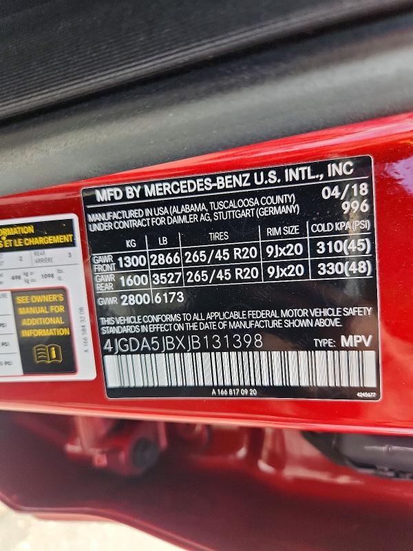 Aukcja sprzedaży 2018 Mercedes-benz Gle, vin: 4JGDA5JBXJB131398, numer aukcji: 69069116
