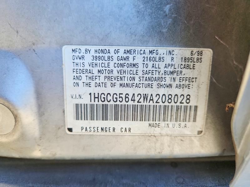 70439736 :رقم المزاد ، 1HGCG5642WA208028 vin ، 1998 Honda Accord مزاد بيع