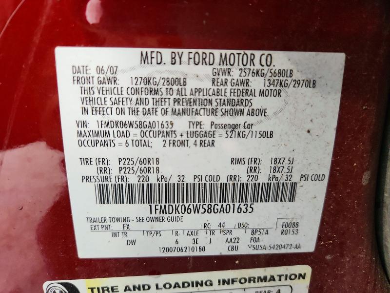 67529266 :رقم المزاد ، 1FMDK06W58GA01635 vin ، 2008 Ford Taurus X مزاد بيع