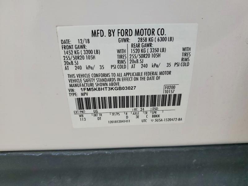 70057046 :رقم المزاد ، 1FM5K8HT3KGB03027 vin ، 2019 Ford Explorer مزاد بيع