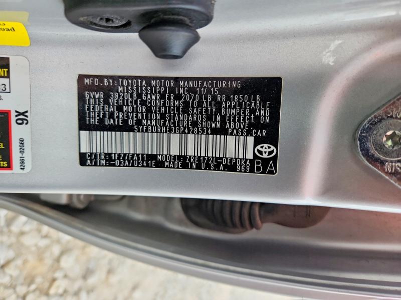 Продаж на аукціоні авто 2016 Toyota Corolla, vin: 5YFBURHE3GP428534, номер лоту: 69313666