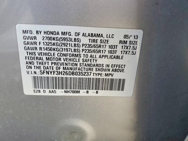 2013 Honda Pilot მანქანა იყიდება აუქციონზე, vin: 5FNYF3H26DB035237, აუქციონის ნომერი: 70489896