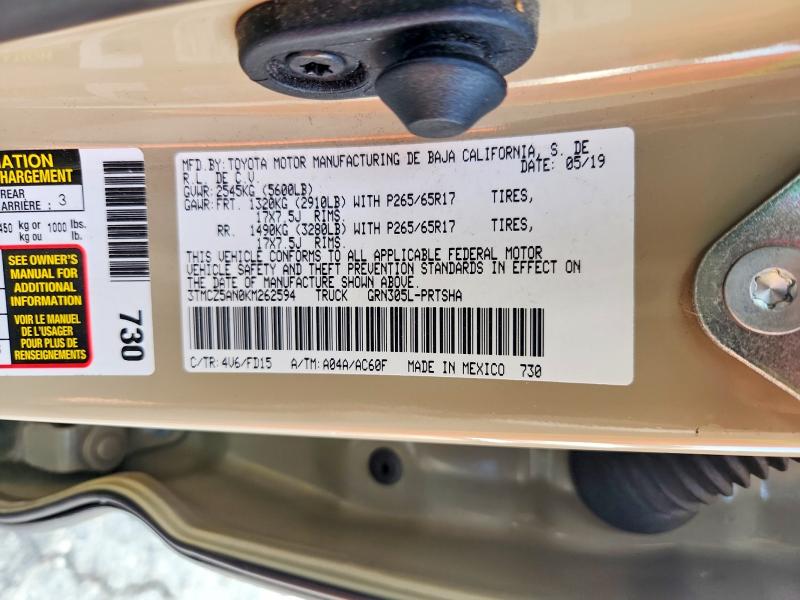 65963626 :رقم المزاد ، 3TMCZ5AN0KM262594 vin ، 2019 Toyota Tacoma مزاد بيع