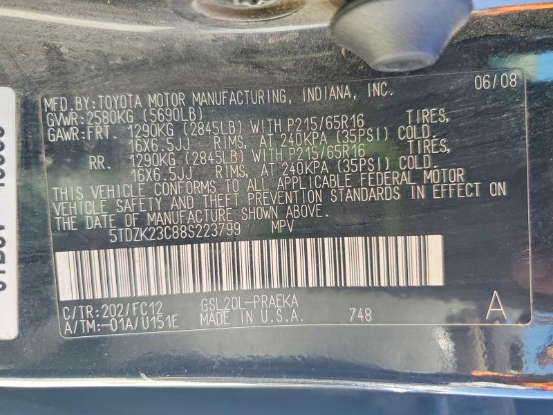2008 Toyota Sienna მანქანა იყიდება აუქციონზე, vin: 5TDZK23C88S223799, აუქციონის ნომერი: 68333526