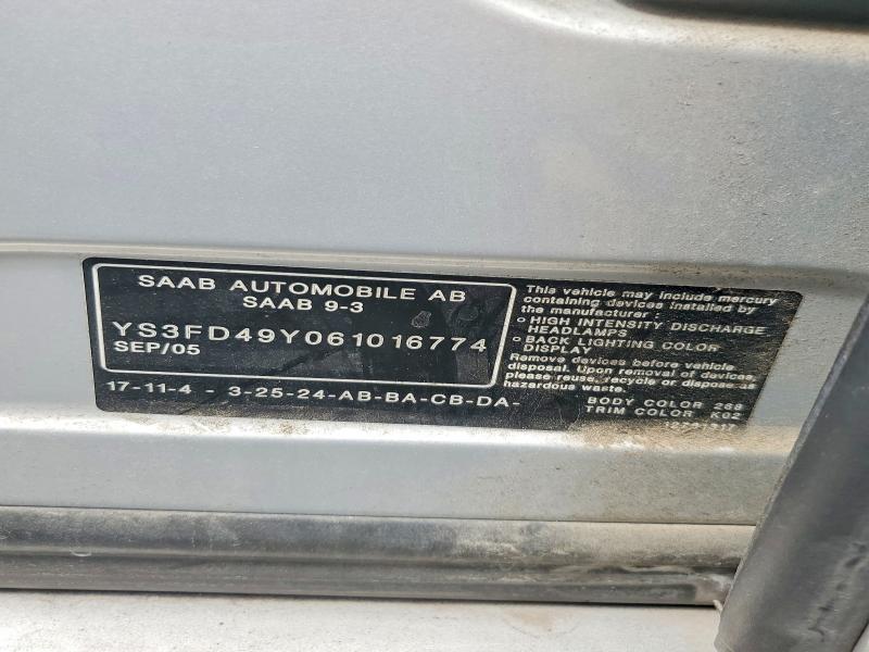 Auction sale of the 2006 Saab 9-3, vin: YS3FD49Y061016774        , lot number: 68834206