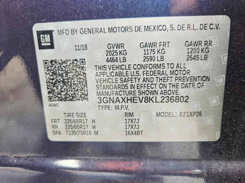 Продажа на аукционе авто 2019 Chevrolet Equinox, vin: 3GNAXHEV8KL236802, номер лота: 68084326