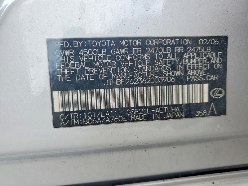 69203406 :رقم المزاد ، JTHBE262362003906 vin ، 2006 Lexus Is مزاد بيع