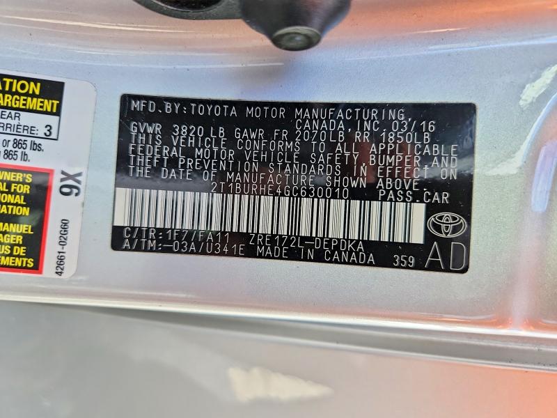 Aukcja sprzedaży 2016 Toyota Corolla, vin: 2T1BURHE4GC630010, numer aukcji: 69276116