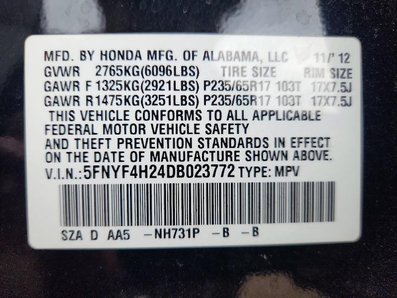 Продажа на аукционе авто 2013 Honda Pilot, vin: 5FNYF4H24DB023772, номер лота: 68287826