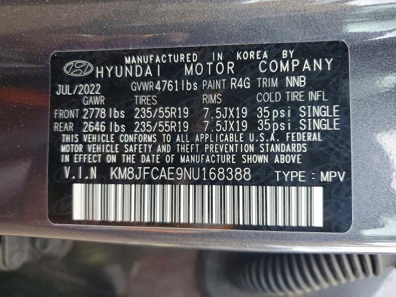 68742726 :رقم المزاد ، KM8JFCAE9NU168388 vin ، 2022 Hyundai Tucson مزاد بيع
