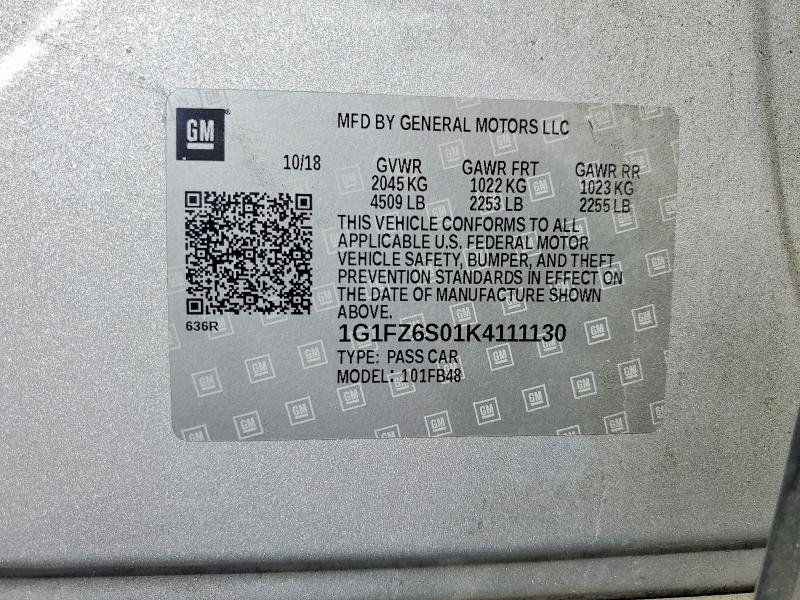 68899126 :رقم المزاد ، 1G1FZ6S01K4111130 vin ، 2019 Chevrolet Bolt Ev مزاد بيع