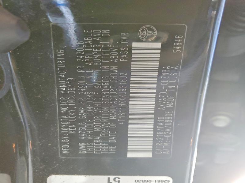 69336736 :رقم المزاد ، 4T1B11HKXKU821602 vin ، 2019 Toyota Camry مزاد بيع
