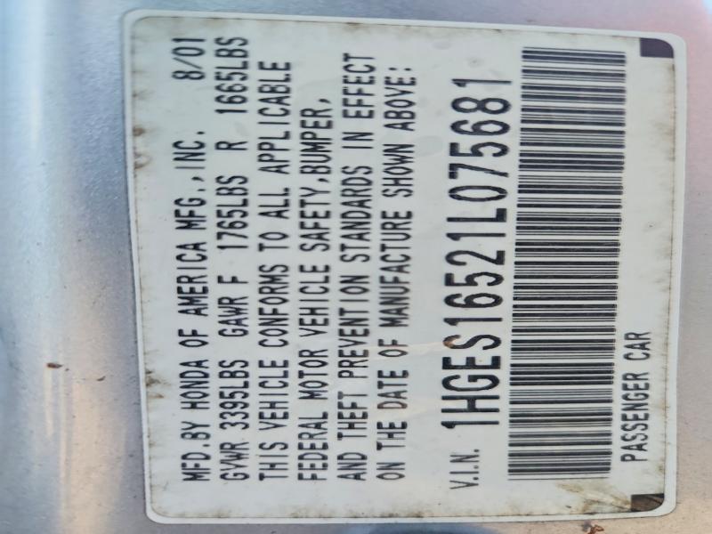 Aukcja sprzedaży 2001 Honda Civic, vin: 1HGES16521L075681, numer aukcji: 70574996