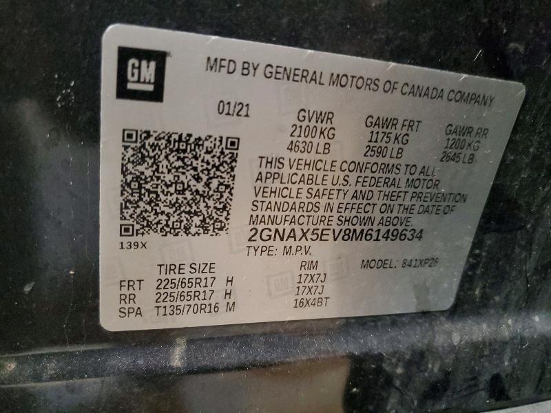 Aukcja sprzedaży 2021 Chevrolet Equinox, vin: 2GNAX5EV8M6149634, numer aukcji: 68225826