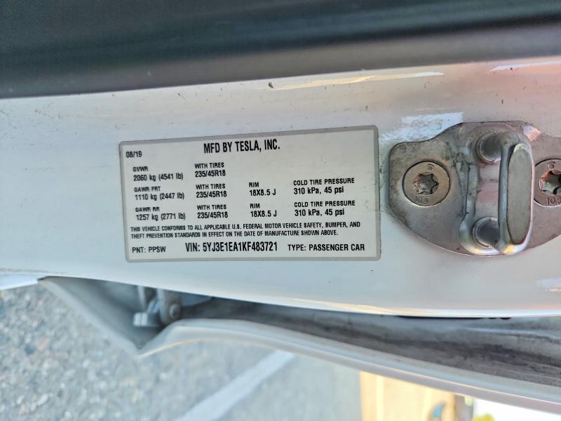 2019 Tesla Model 3 მანქანა იყიდება აუქციონზე, vin: 5YJ3E1EA1KF483721, აუქციონის ნომერი: 69787346